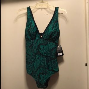Green and black one piece swim suit